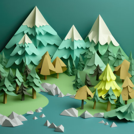 Origami landscape with trees and mountains, created using generative ai technology. Orgiami art, scenery, nature and pattern concept digitally generated image.の素材