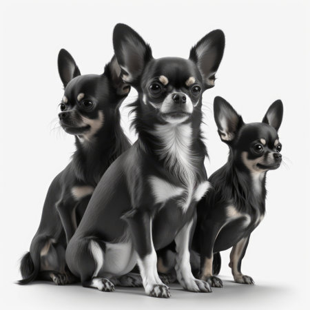 Close up of three cute black and white chihuahua dogs, created using generative ai technology. Dog and pet animal concept digitally generated image.の素材