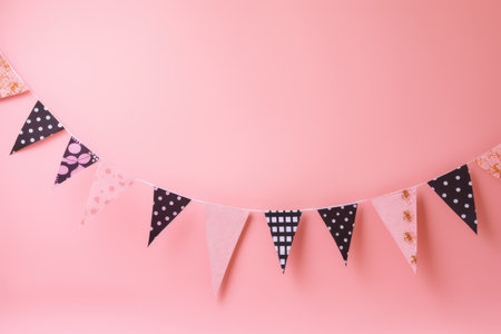 String of bunting on pink background, created using generative ai technology. Birthday, party and celebration concept digitally generated image.の素材