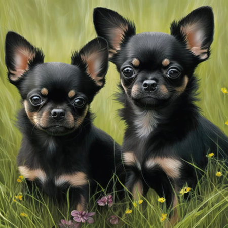 Close up of two cute black chihuahua dogs in field, created using generative ai technology. Dog and pet animal concept digitally generated image.の素材