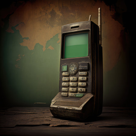 Close up of retro old cellphone on distressed background, created using generative ai technology. Retro, vintage phone and communication concept digitally generated image.の素材