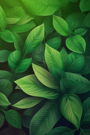 Close up of multiple green leaves background, created using generative ai technology. Nature, pattern and texture concept digitally generated image.の素材