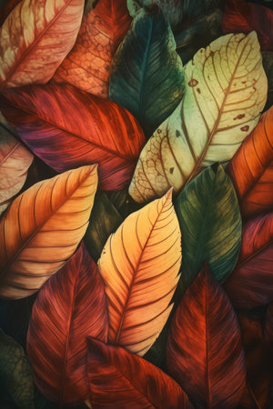 Close up of multi coloured autumn leaves background, created using generative ai technology. Autumn, fall, nature, pattern and texture concept digitally generated image.の素材