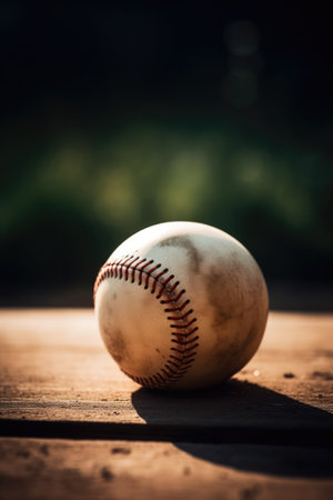 Close up of baseball on wooden surface, created using generative ai technology. Baseball, sports and competition concept digitally generated image.の素材