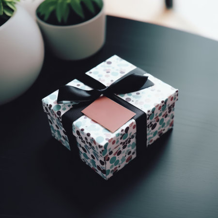 Close up of patterned gift with ribbon on table background, created using generative ai technology. Gift, present, giving and celebration concept digitally generated image.の素材