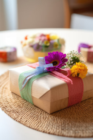 Close up of gift with ribbon and flowers, created using generative ai technology. Gift, present, giving and celebration concept digitally generated image.の素材
