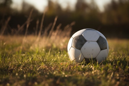 Close up of white and black football in grass, created using generative ai technology. Football, sports and competition concept digitally generated image.の素材