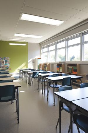 Interiors of classroom with window, created using generative ai technology. Classroom, school and learning concept digitally generated image.の素材