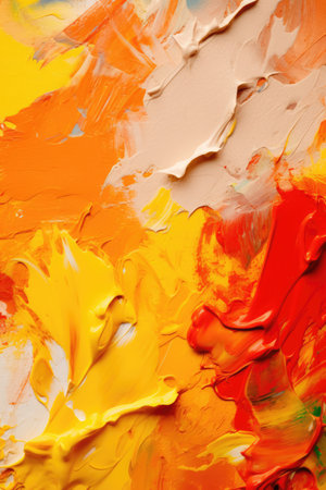 Close up of white, orange and red paints background, created using generative ai technology. Paint, pattern, colours and background concept digitally generated image.の素材