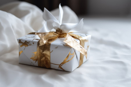 Close up of white gift with ribbon on white background, created using generative ai technology. Gift, present, giving and celebration concept digitally generated image.の素材