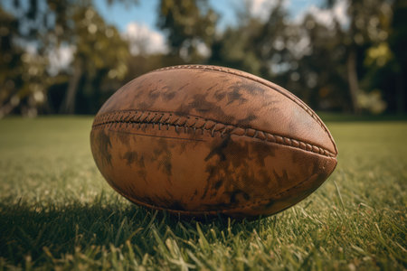 Close up of brown rugby ball on grass, created using generative ai technology. Rugby, sports and competition concept digitally generated image.の素材