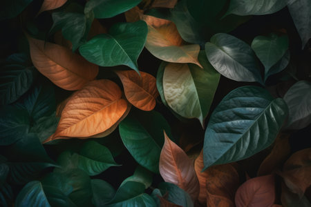 Close up of multi coloured autumn leaves background, created using generative ai technology. Autumn, fall, nature, pattern and texture concept digitally generated image.の素材