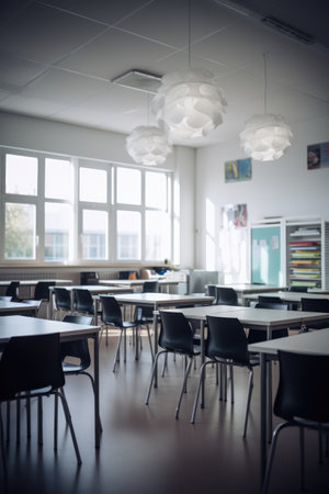Interiors of classroom with window, created using generative ai technology. Classroom, school and learning concept digitally generated image.の素材