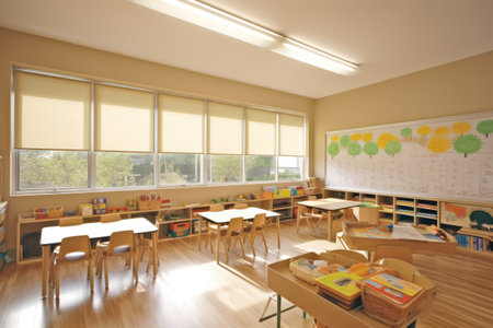 Interiors of classroom with window, created using generative ai technology. Classroom, school and learning concept digitally generated image.の素材