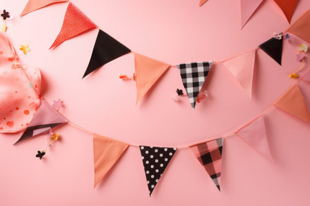 Strings of bunting on pink background, created using generative ai technology. Birthday, party and celebration concept digitally generated image.の素材