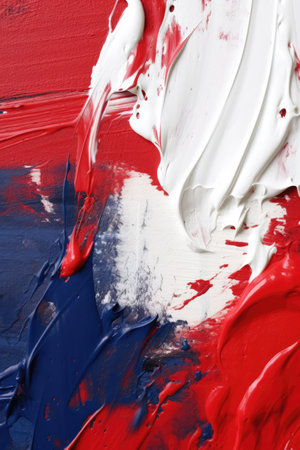 Close up of white, blue and red paints background, created using generative ai technology. Paint, pattern, colours and background concept digitally generated image.の素材