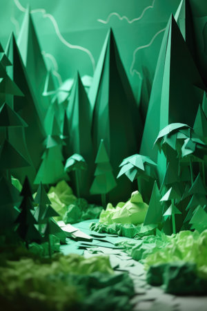 Green origami landscape with trees and mountains, created using generative ai technology. Orgiami art, scenery, nature and pattern concept digitally generated image.の素材