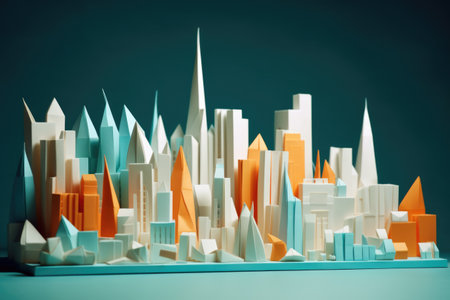Origami cityscape on blue background, created using generative ai technology. Cityscape, origami art and architecture concept digitally generated image.の素材