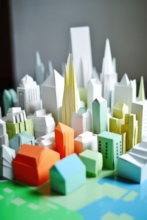 Origami cityscape on grey background, created using generative ai technology. Origami art, cityscape and architecture concept digitally generated image.の素材