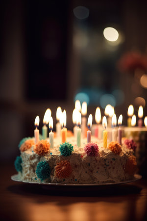 Birthday cake with lit candles on table, created using generative ai technology. Birthday, party and celebration concept digitally generated image.の素材