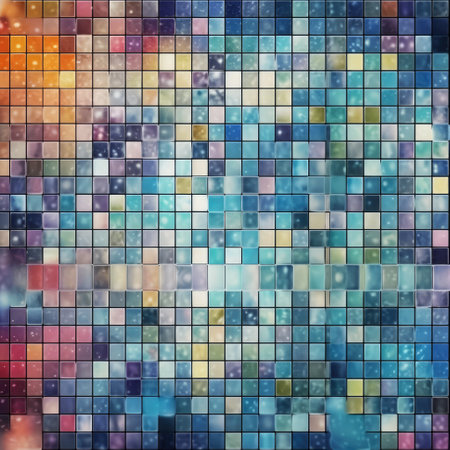 Close up of multi coloured mosaic background, created using generative ai technology. Mosaic, tiles, pattern, colours and background concept digitally generated image.の素材