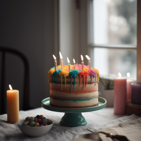 Birthday cake with lit candles on table, created using generative ai technology. Birthday, party and celebration concept digitally generated image.の素材