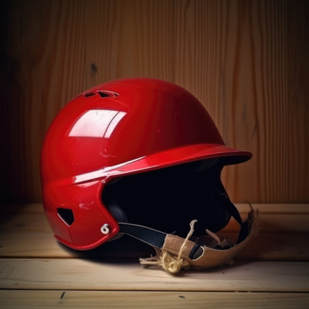 Close up of red baseball helmet on wooden surface, created using generative ai technology. Baseball, sports and competition concept digitally generated image.の素材