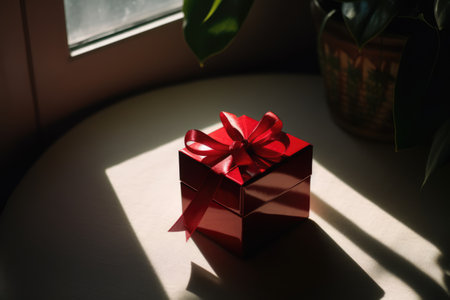 Close up of red gift with ribbon on windowsill, created using generative ai technology. Gift, present, giving and celebration concept digitally generated image.の素材