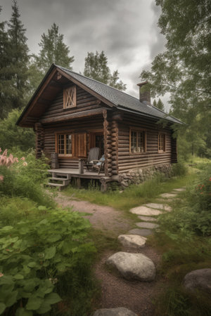 Log cabin with brown roof in nature surrounded by trees, created using generative ai technology. Log cabin, vacation and nature concept digitally generated image.の素材