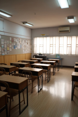 Interiors of classroom with window, created using generative ai technology. Classroom, school and learning concept digitally generated image.の素材