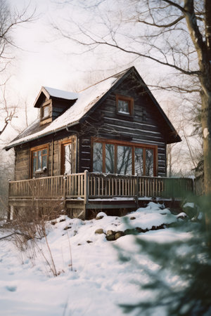 Log cabin in snow in nature, created using generative ai technology. Log cabin, vacation and nature concept digitally generated image.の素材