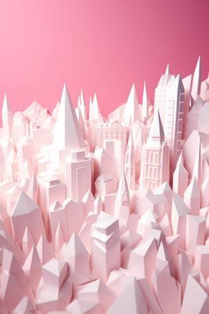 Origami cityscape on pink background, created using generative ai technology. Cityscape, origami art and architecture concept digitally generated image.の素材