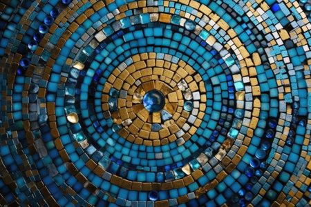 Close up of multi coloured circles of mosaic background, created using generative ai technology. Mosaic, tiles, pattern, colours and background concept digitally generated image.の素材