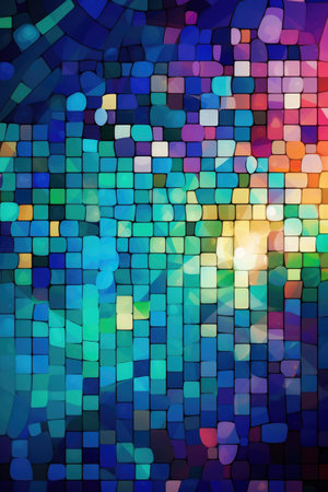 Close up of multi coloured mosaic background, created using generative ai technology. Mosaic, tiles, pattern, colours and background concept digitally generated image.の素材