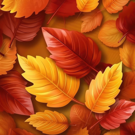Close up of multi coloured autumn leaves background, created using generative ai technology. Autumn, fall, nature, pattern and texture concept digitally generated image.の素材