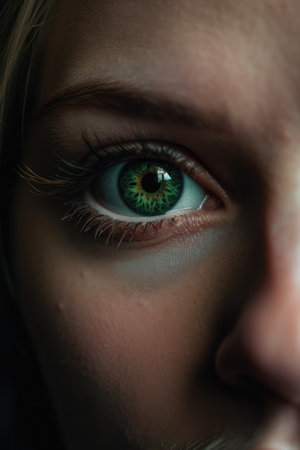 Close up of woman's blue eye, created using generative ai technology. Human eye, colour and pattern concept digitally generated image.の素材