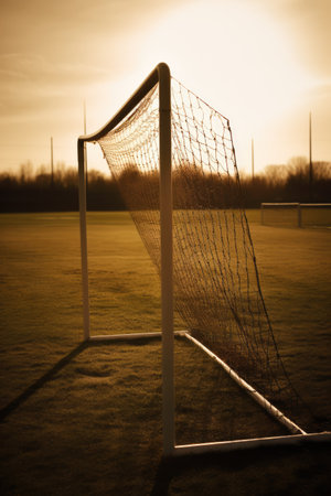 Football goal on football pitch at sunset, created using generative ai technology. Football, sports and competition concept digitally generated image.の素材