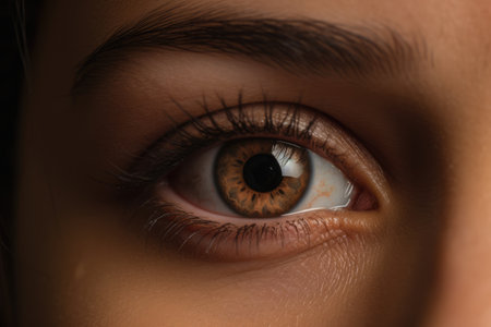 Close up of woman's brown eye, created using generative ai technology. Human eye, colour and pattern concept digitally generated image.の素材