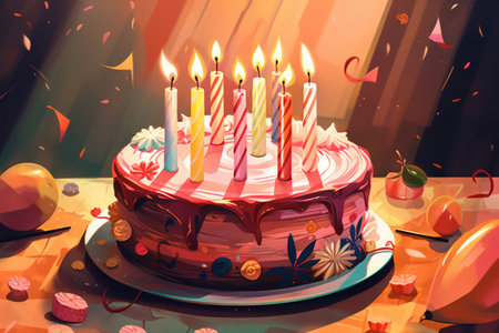 Birthday cake with lit candles on table, created using generative ai technology. Birthday, party and celebration concept digitally generated image.の素材