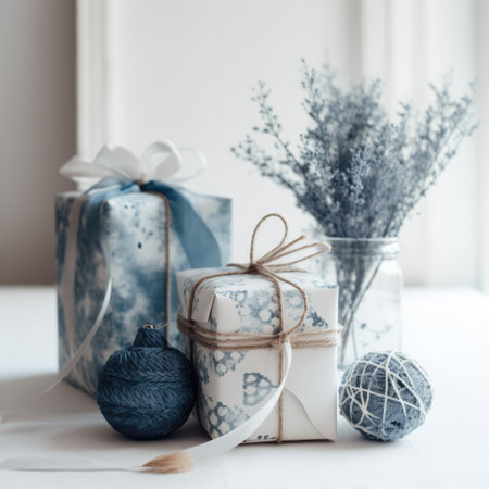 Close up of gifts and baubles, created using generative ai technology. Gift, present, giving and celebration concept digitally generated image.の素材