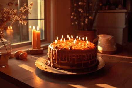 Birthday cake with lit candles on table, created using generative ai technology. Birthday, party and celebration concept digitally generated image.の素材