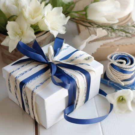 Close up of white and blue gift with ribbon and flowers, created using generative ai technology. Gift, present, giving and celebration concept digitally generated image.の素材