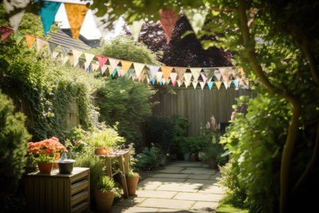 Strings of bunting in sunny garden, created using generative ai technology. Birthday, party and celebration concept digitally generated image.の素材