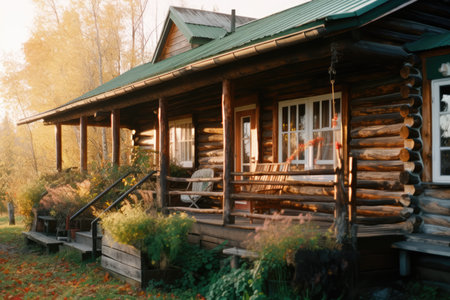 Log cabin with green roof in nature, created using generative ai technology. Log cabin, vacation and nature concept digitally generated image.の素材