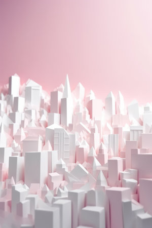 Origami cityscape on pink background, created using generative ai technology. Cityscape, origami art and architecture concept digitally generated image.の素材