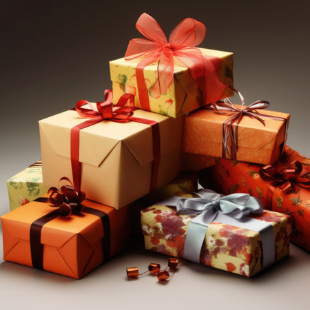 Close up of stack of gifts with ribbon, created using generative ai technology. Gift, present, giving and celebration concept digitally generated image.の素材
