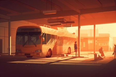 Bus parked at bus station at sunset, created using generative ai technology. Bus, transport and travel concept digitally generated image.の素材