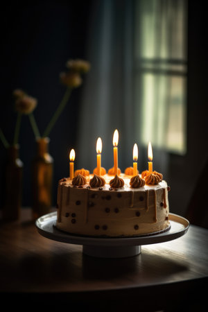 Birthday cake with lit candles on table, created using generative ai technology. Birthday, party and celebration concept digitally generated image.の素材