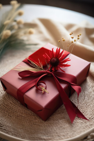 Close up of red gift with ribbon and flower, created using generative ai technology. Gift, present, giving and celebration concept digitally generated image.の素材