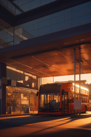 Bus parked at bus station at sunset, created using generative ai technology. Bus, transport and travel concept digitally generated image.の素材